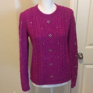 Magenta Bling Cable Knit Pullover Crew Neck Sweater, Size Small